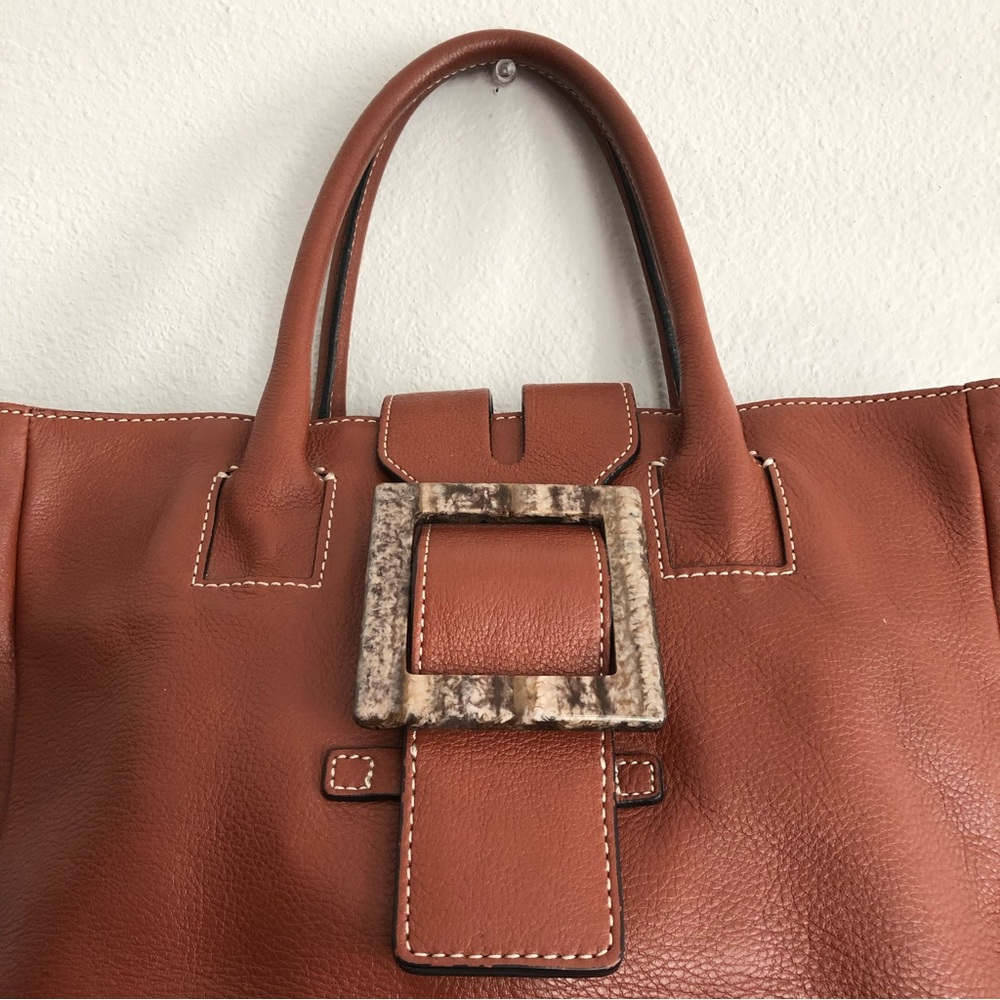 Adrienne Vittadini Camel Brown Leather Tote Bag - Picture 8 of 14